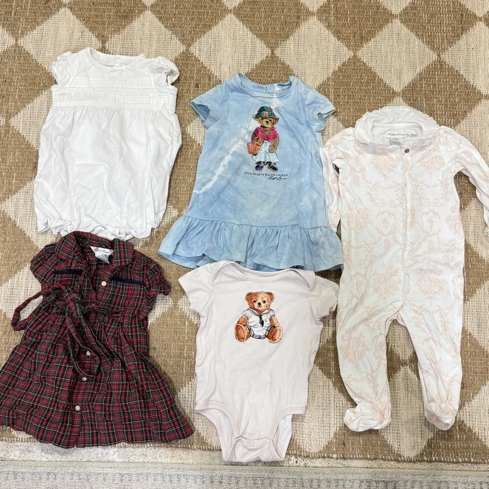 Ralph Lauren BUNDLE baby girl coverall plaid dress romper teddy bear onesie bow